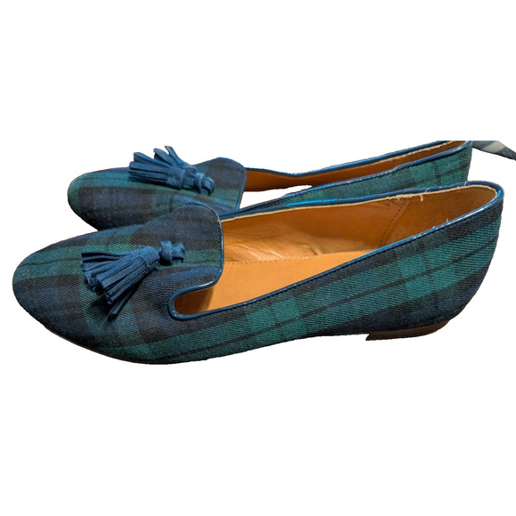 J CREW FACTORY Green Multi Plaid Smoking Tassel Loafers Size 8.5 EUC - Picture 2 of 7